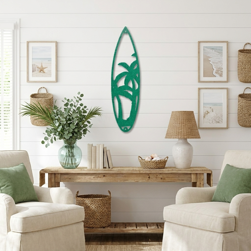 Palm Tree Surfboard Metal Wall Art | Tropical Coastal Beach Decor | Surfboard Shaped Metal Wall Hanging | Island & Ocean Home Decor | Made in USA