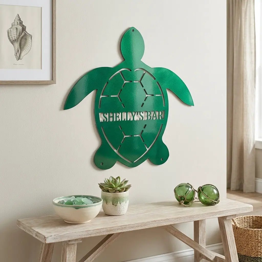 Personalized Sea Turtle Metal Wall Art – Custom Beach Name Sign – Coastal Decor – Ocean Wall Art