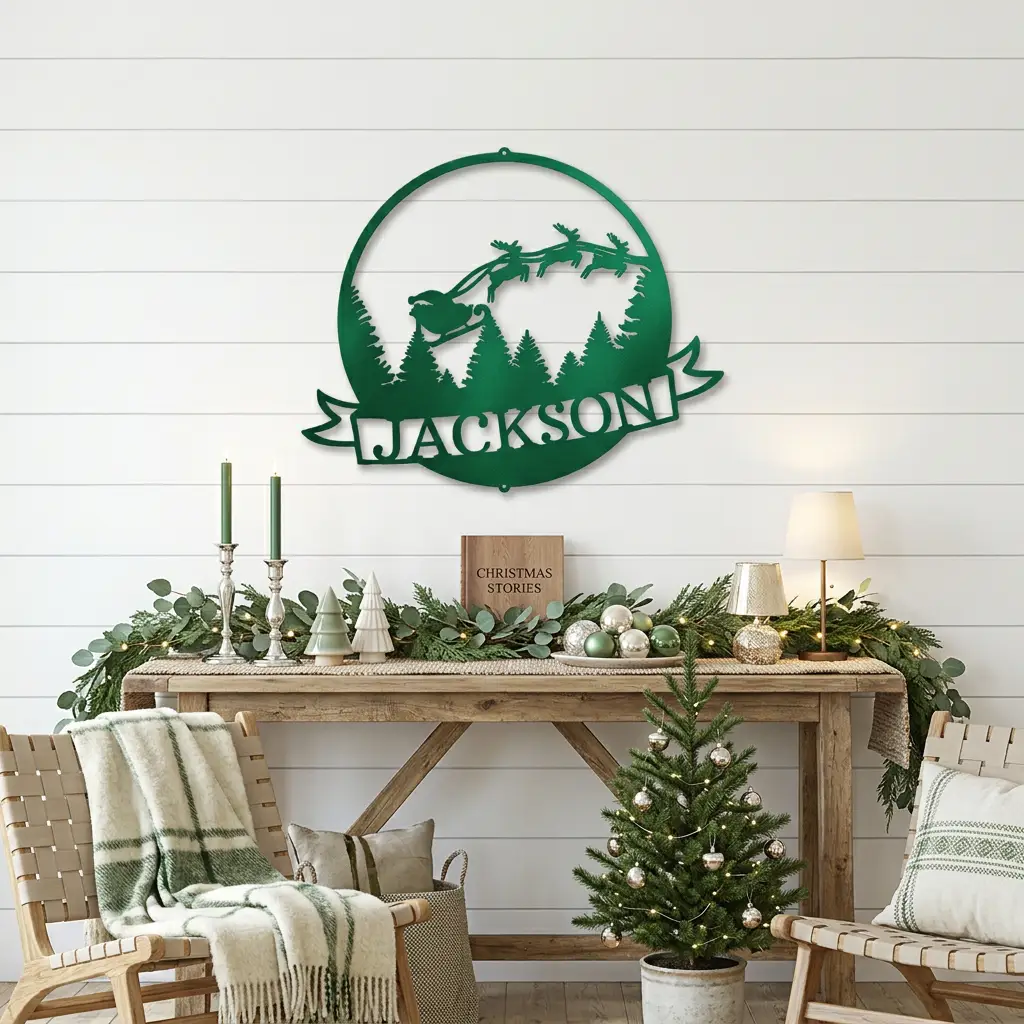 Personalized Santa Sleigh Flying Through Sky Metal Wall Art – Custom Family Name Banner Christmas Sign – Holiday Steel Décor (5 Sizes, 5 Colors)