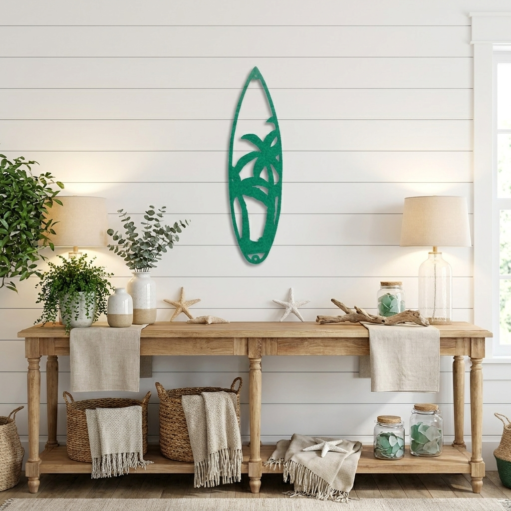Palm Tree Surfboard Metal Wall Art | Tropical Coastal Beach Decor | Surfboard Shaped Metal Wall Hanging | Island & Ocean Home Decor | Made in USA