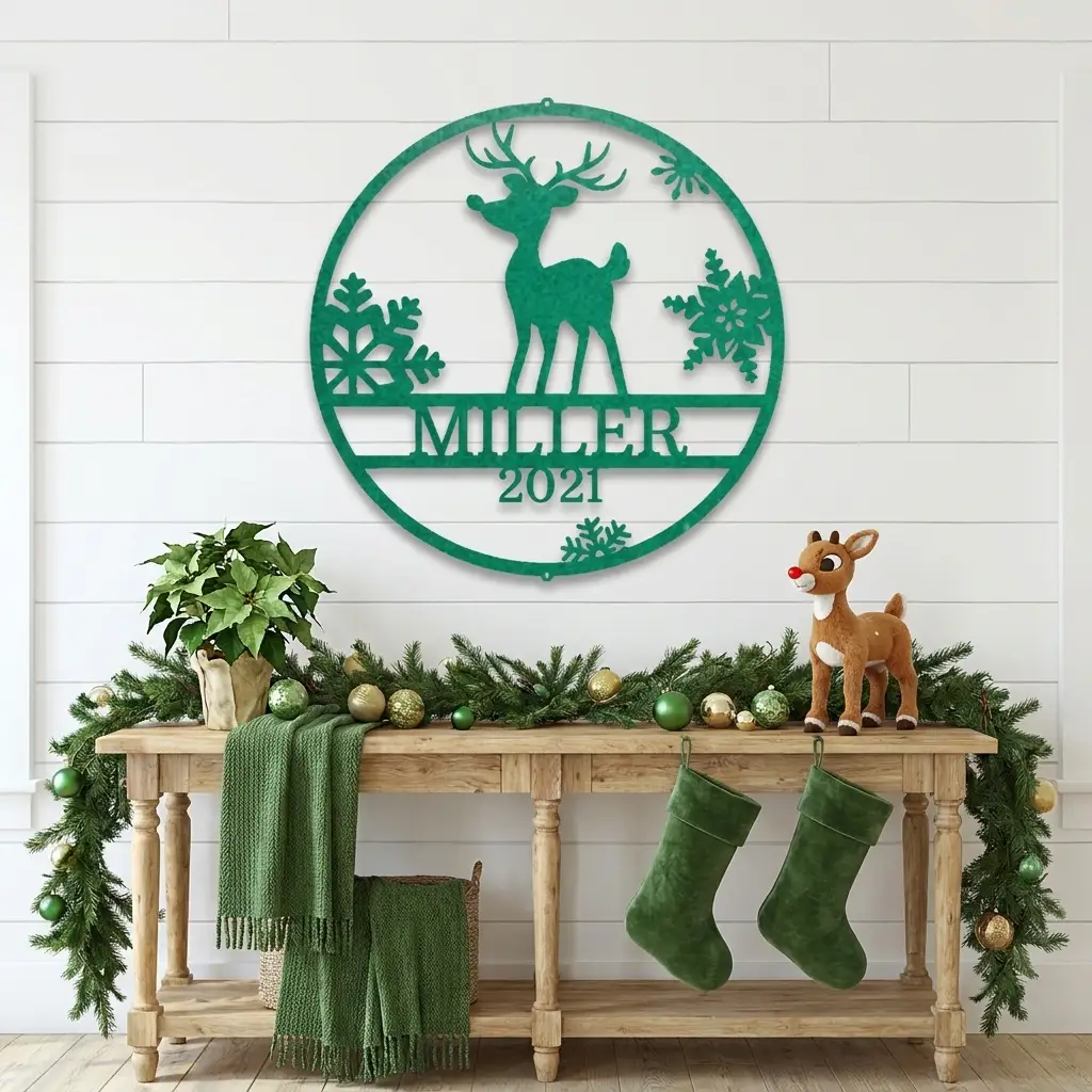 Rudolph Reindeer Christmas Personalized Metal Sign | Custom Family Name & Year Holiday Wall Art | Reindeer Snowflake Metal Decor | Christmas Gift for Family