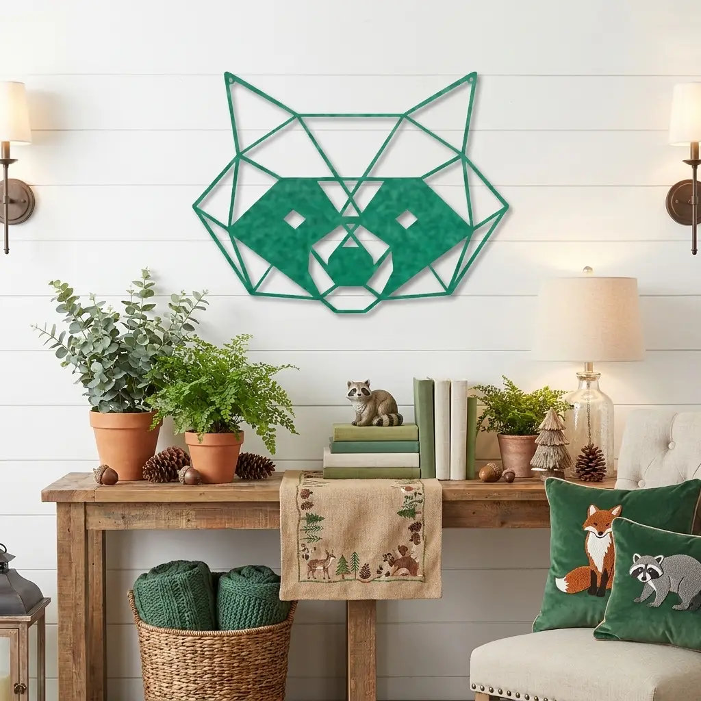Geometric Raccoon Metal Wall Art – Modern Wildlife Steel Sign, Rustic Cabin Decor, Forest Animal Wall Hanging, Laser Cut Metal Art 12"–36"