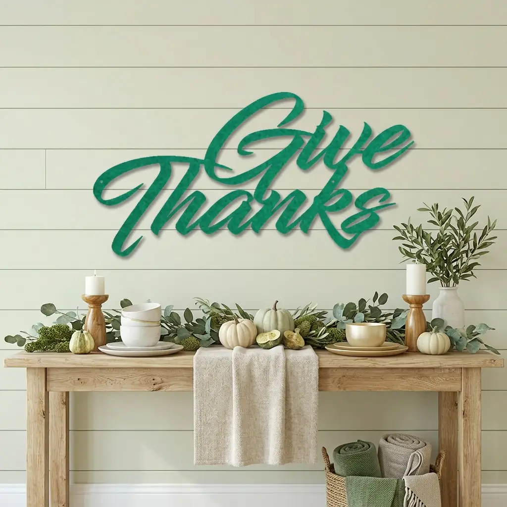Give Thanks Metal Sign, Farmhouse Wall Decor, Thanksgiving Decor, Script Wall Art, Fall Home Decor, Gratitude Sign