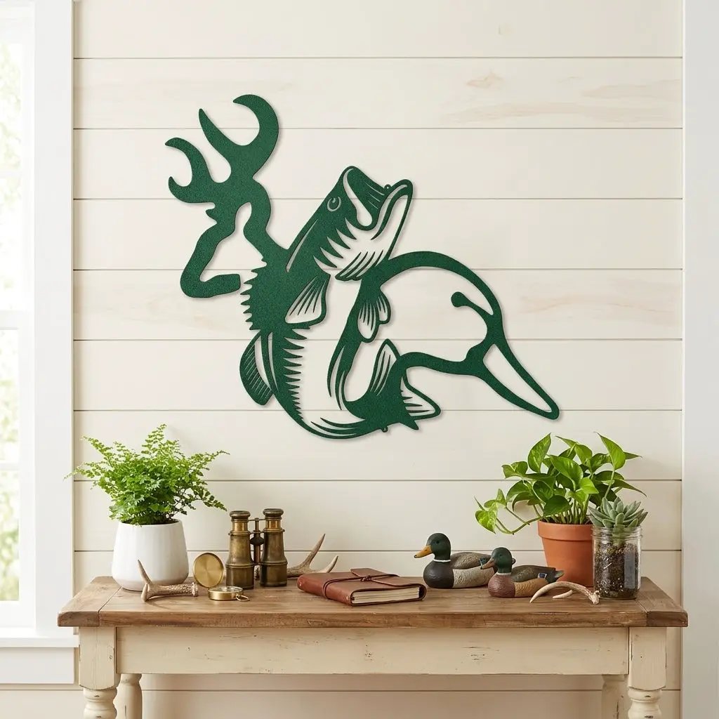 Hunting & Fishing Metal Wall Art – Deer, Duck and Bass Rustic Steel Sign