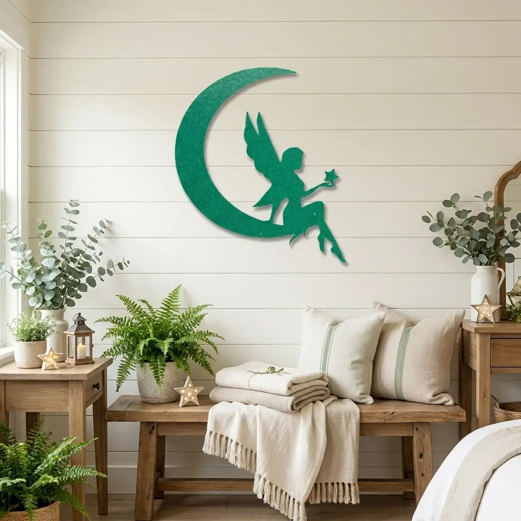 Fairy on Moon Metal Wall Art | Crescent Moon Fairy Wall Decor | Fantasy Metal Wall Hanging | Fairy Bedroom Decor | Made in USA