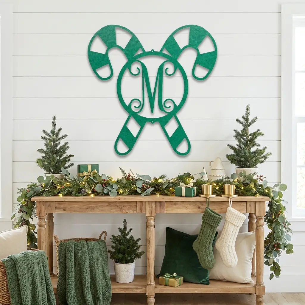 Personalized Candy Cane Monogram Metal Wall Art – Custom Initial Christmas Sign – Holiday Steel Décor (5 Sizes, 5 Colors)