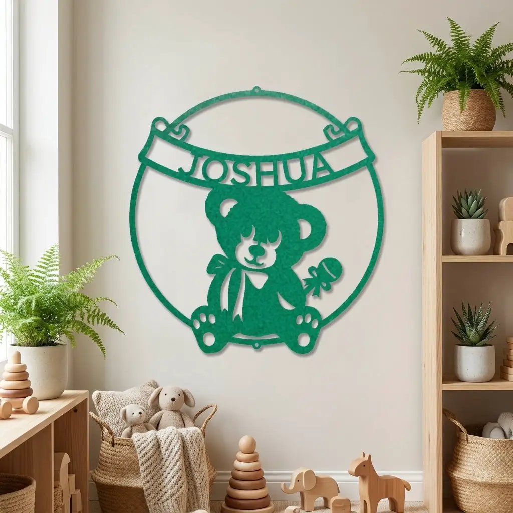 Personalized Baby Name Teddy Bear Metal Wall Art – Custom Nursery Name Sign – Laser Cut Steel Baby Room Decor – Baby Shower Gift