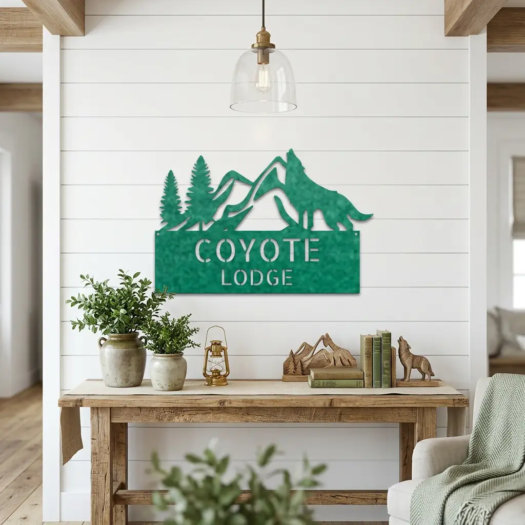 Coyote and Mountains Custom Name Metal Wall Sign