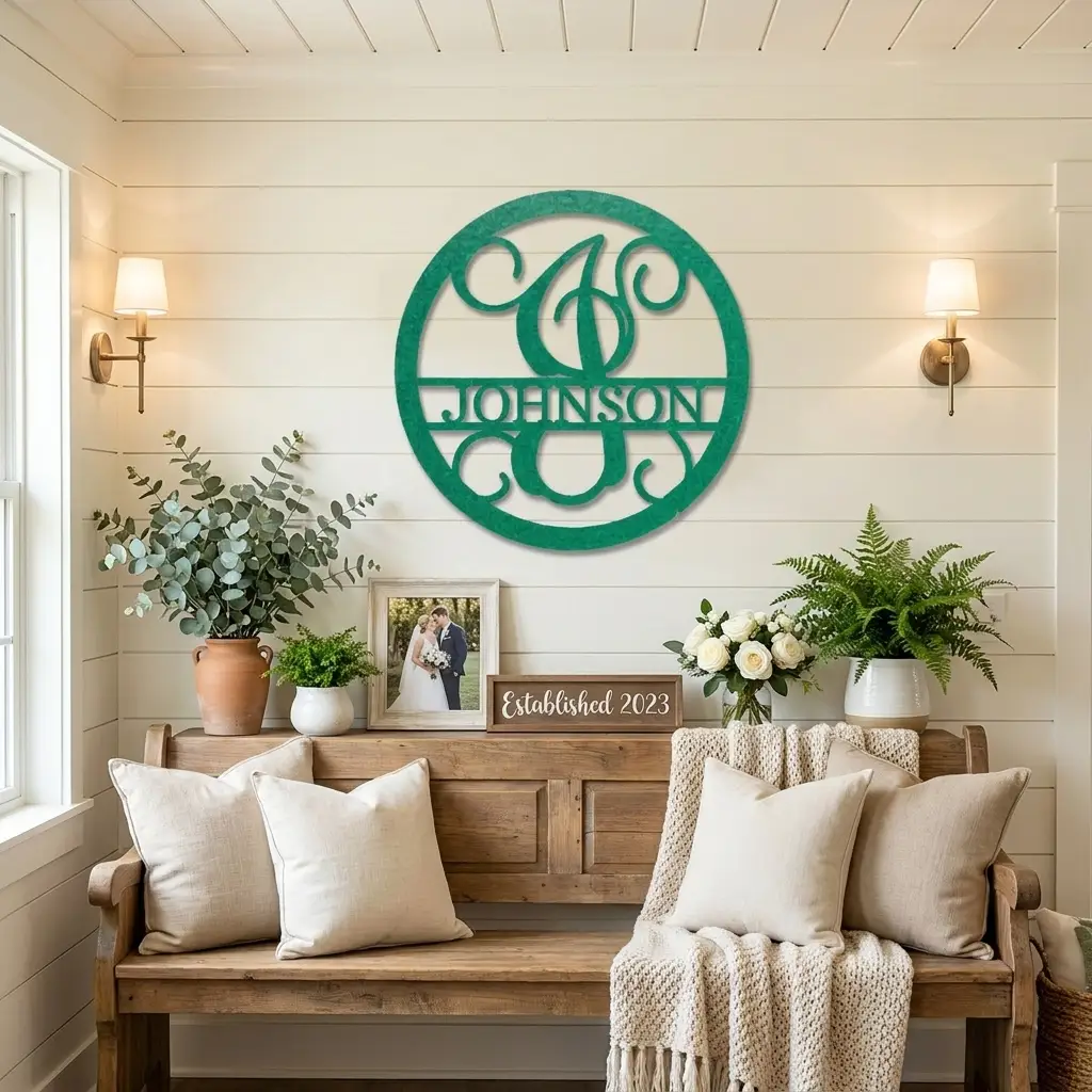 Circle Vine Monogram Personalized Name Indoor Outdoor Steel Wall Sign Metal Art