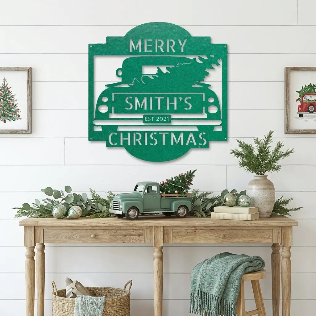 Christmas Truck Personalized Metal Wall Sign | Custom Family Holiday Wall Art | Vintage Truck Christmas Decor | Personalized Name & Year Metal Sign | Made in USA