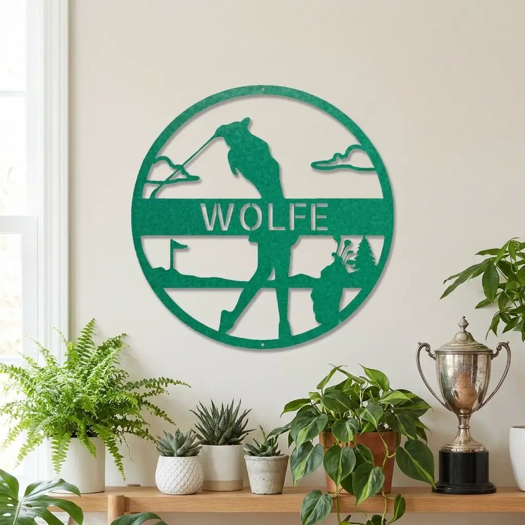 Custom Female Golfer Metal Sign – Personalized Name Wall Art – Round Golf Scene – Laser Cut Steel