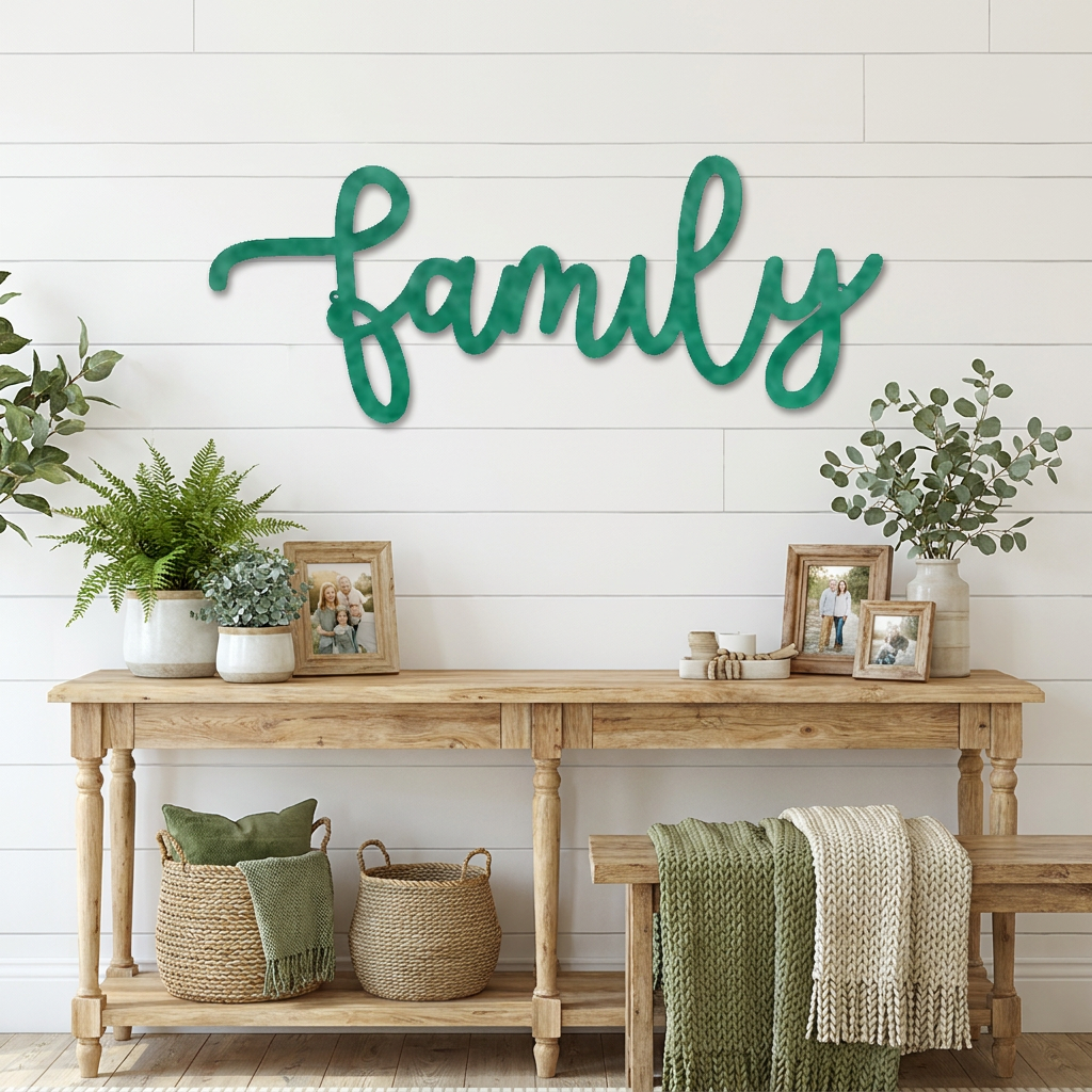 Family Script Metal Wall Art – Modern Farmhouse Decor – Minimalist Home Sign – Family Wall Decor