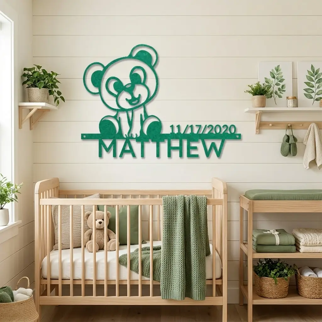 Personalized Teddy Bear Nursery Metal Wall Art – Custom Baby Name Sign with Birth Date – Nursery Decor – Baby Shower Gift