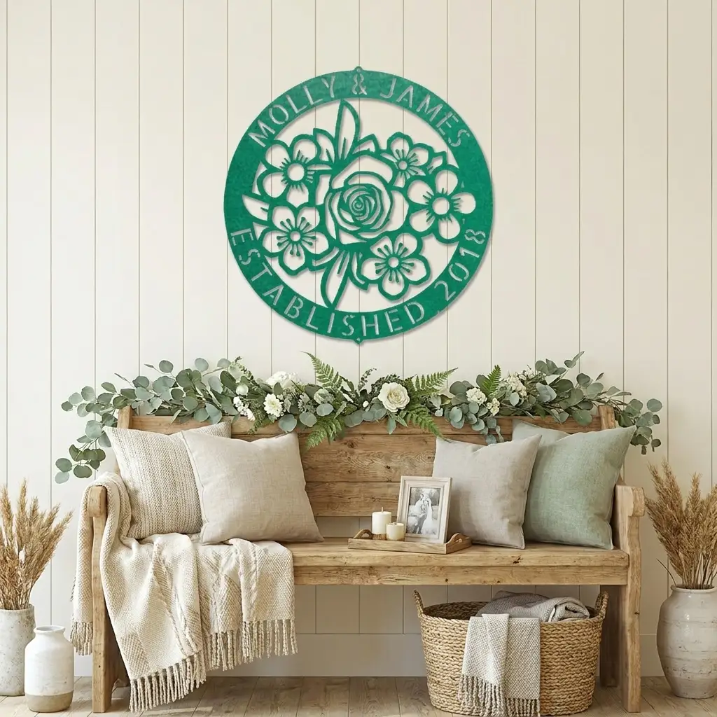 Personalized Floral Family Name Metal Sign | Custom Established Date Wall Art | Round Flower Monogram Steel Decor | Wedding, Anniversary & Housewarming Gift