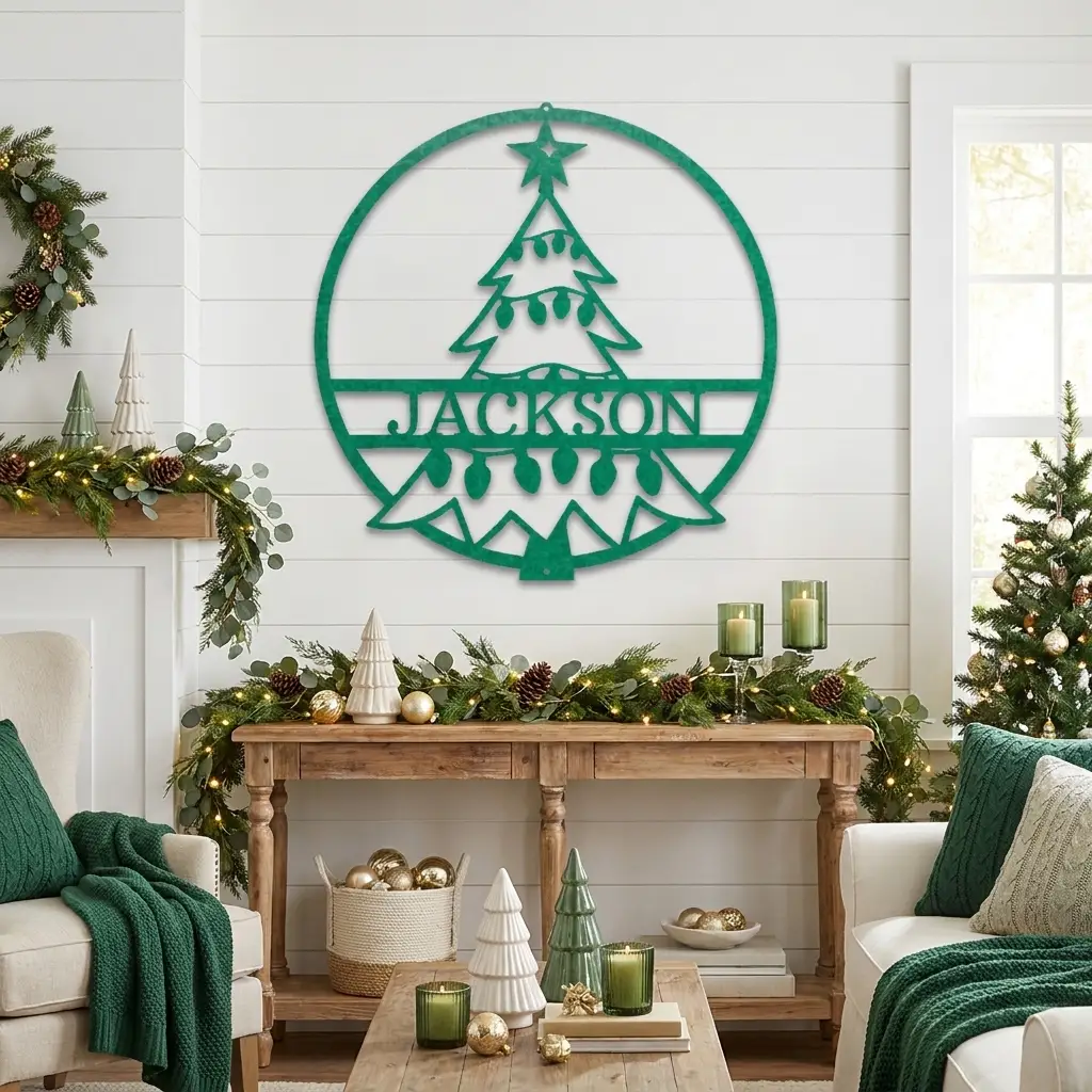 Personalized Christmas Tree Metal Wall Art – Custom Family Name Holiday Sign – Handmade Steel Décor (5 Sizes, 5 Colors)