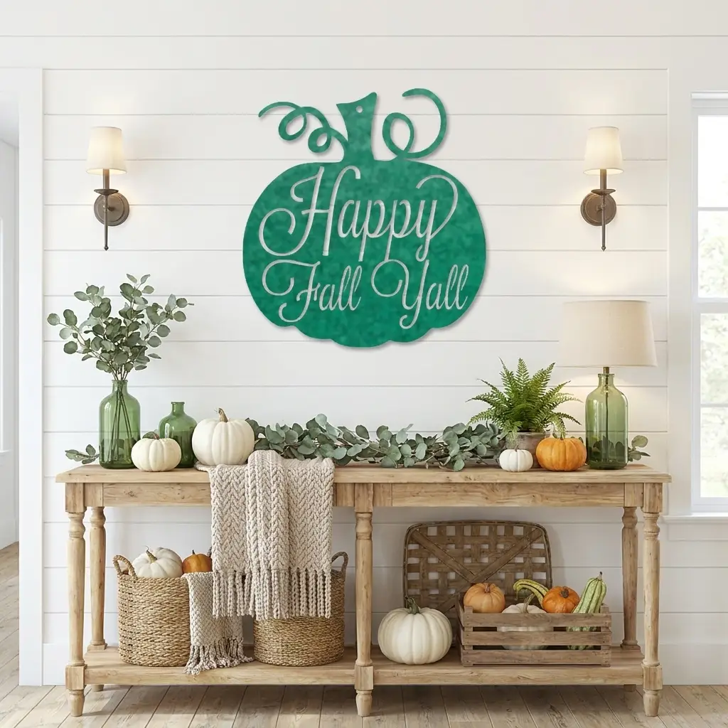 Happy Fall Y'all Pumpkin Metal Wall Art | Autumn Pumpkin Wall Decor | Rustic Farmhouse Fall Sign | Thanksgiving Porch & Entryway Decor | Seasonal Metal Wall Hanging | Made in USA