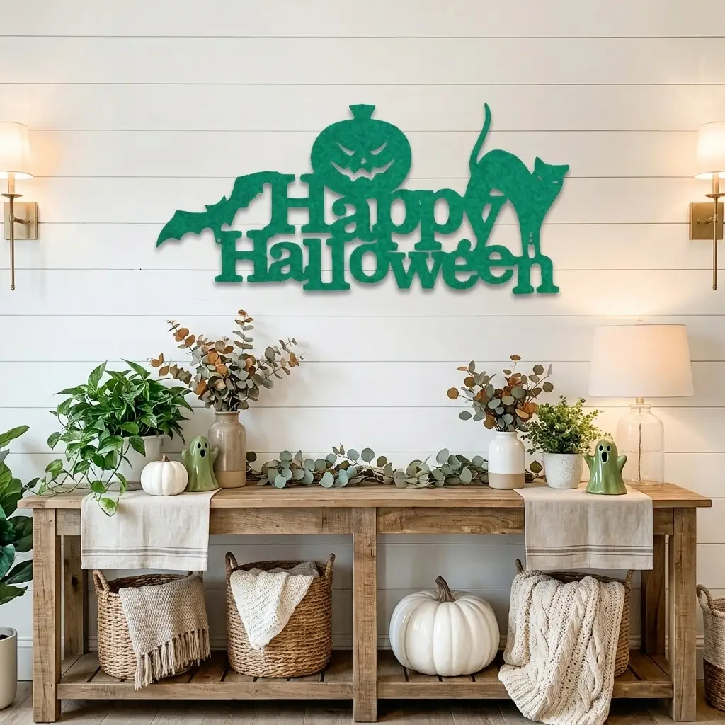 Happy Halloween Metal Wall Art Sign – Pumpkin Bat Cat Halloween Decor – Outdoor Powder Coated Steel Sign – Spooky Farmhouse Porch Decor
