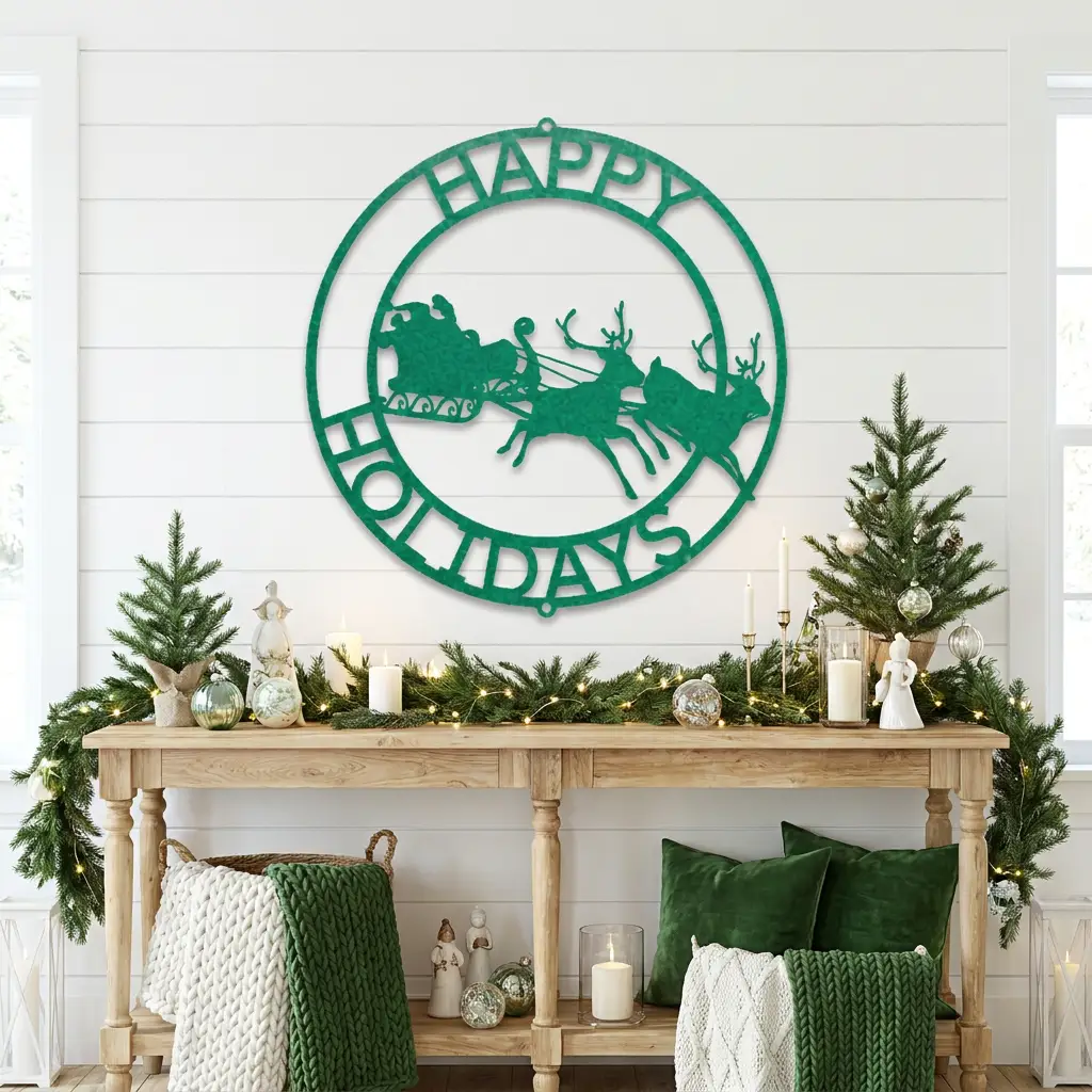 Personalized Santa Sleigh & Reindeer Metal Wall Art – Custom Family Name Christmas Sign – Handmade Steel Décor (5 Sizes, 5 Colors)