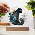 Hallow's Eve Feline: Enchanting Acrylic Plaque Halloween Black Cat Table-top Lighted Decor