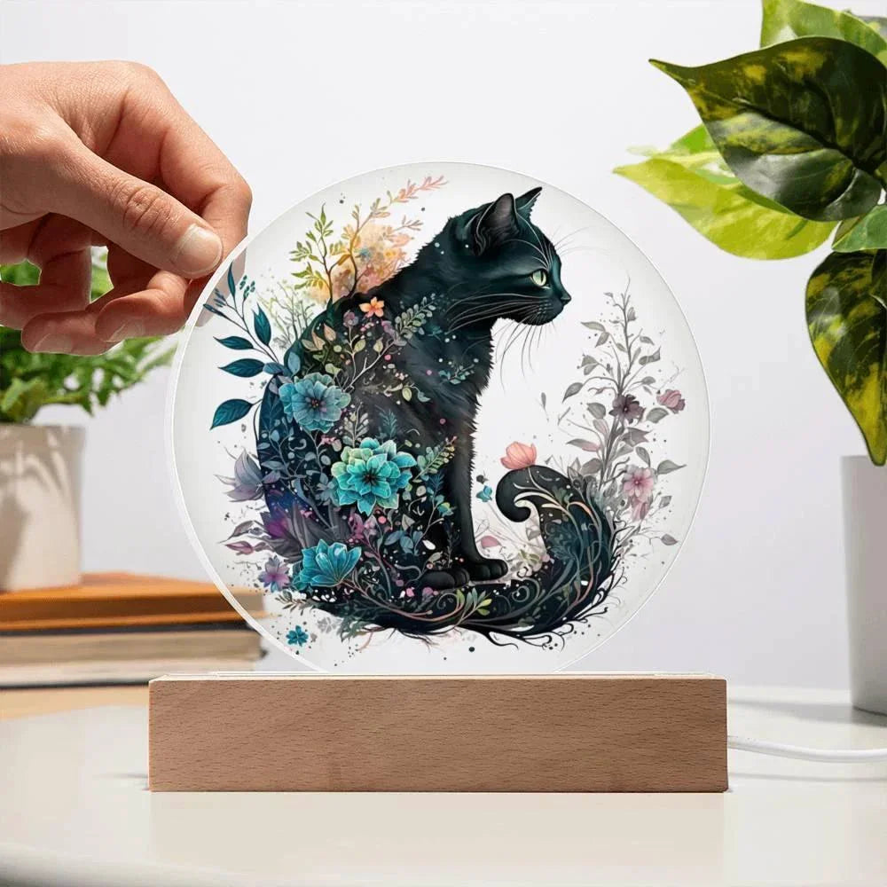 Hallow's Eve Feline: Enchanting Acrylic Plaque Halloween Black Cat Table-top Lighted Decor