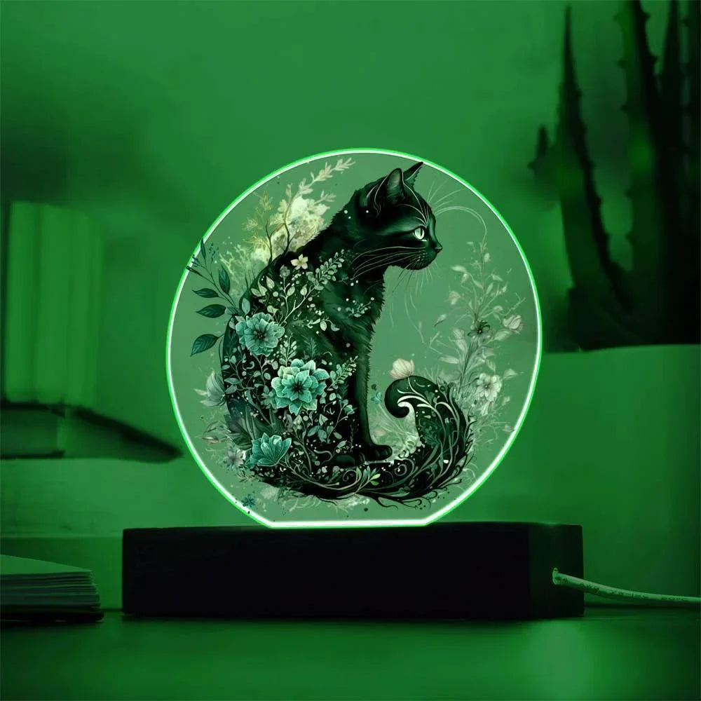 Hallow's Eve Feline: Enchanting Acrylic Plaque Halloween Black Cat Table-top Lighted Decor