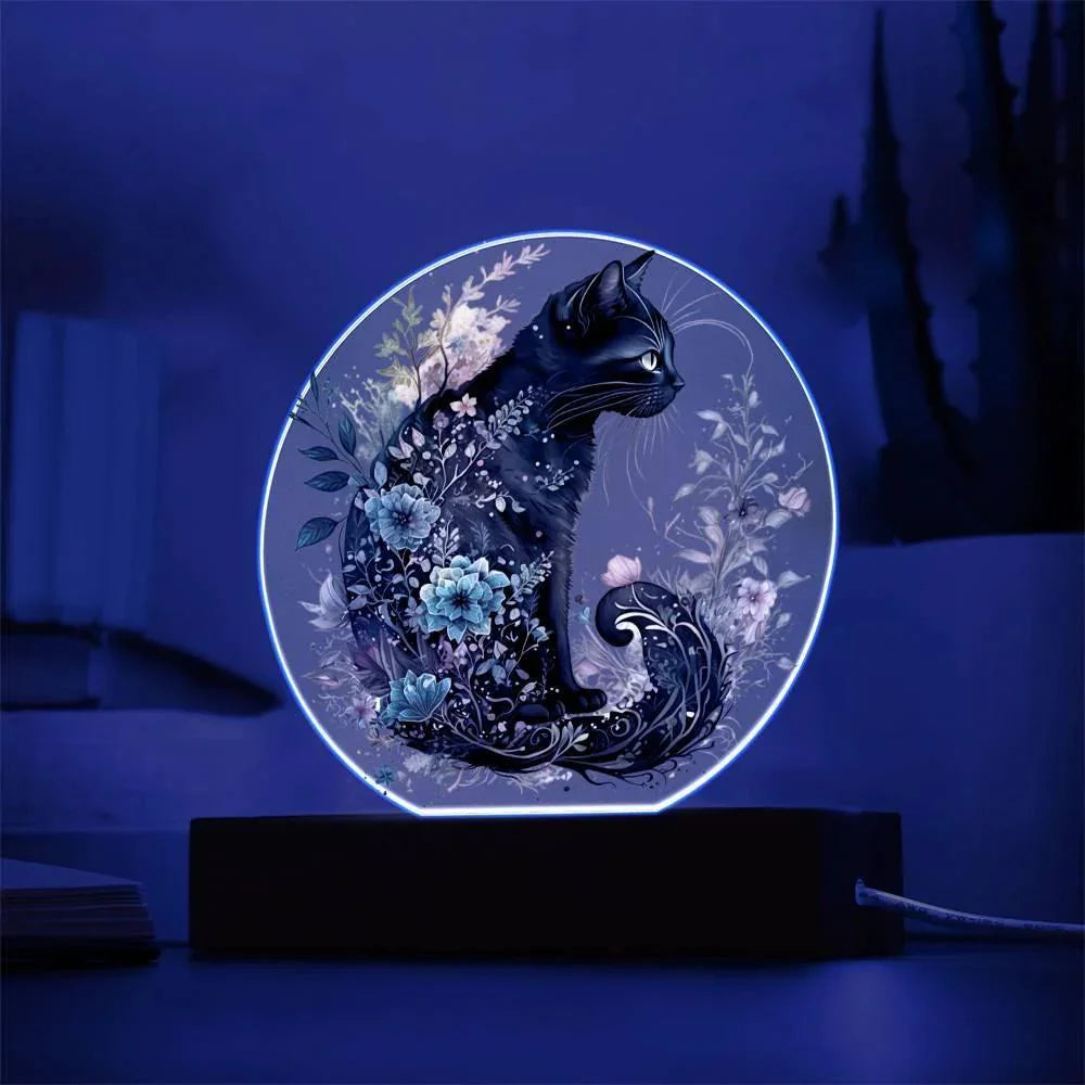 Hallow's Eve Feline: Enchanting Acrylic Plaque Halloween Black Cat Table-top Lighted Decor