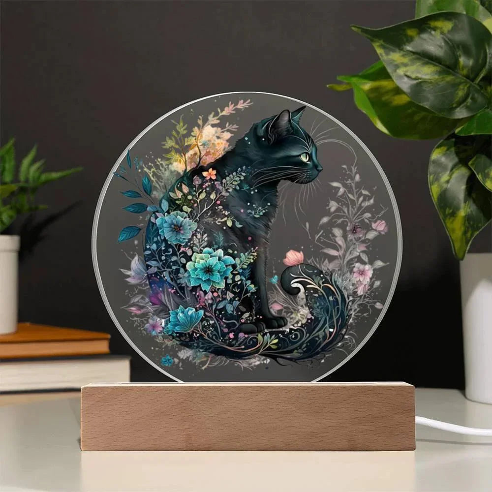 Hallow's Eve Feline: Enchanting Acrylic Plaque Halloween Black Cat Table-top Lighted Decor
