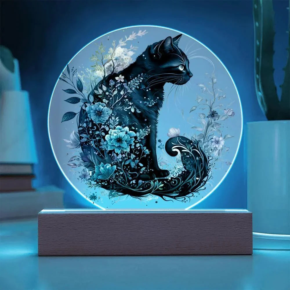 Hallow's Eve Feline: Enchanting Acrylic Plaque Halloween Black Cat Table-top Lighted Decor