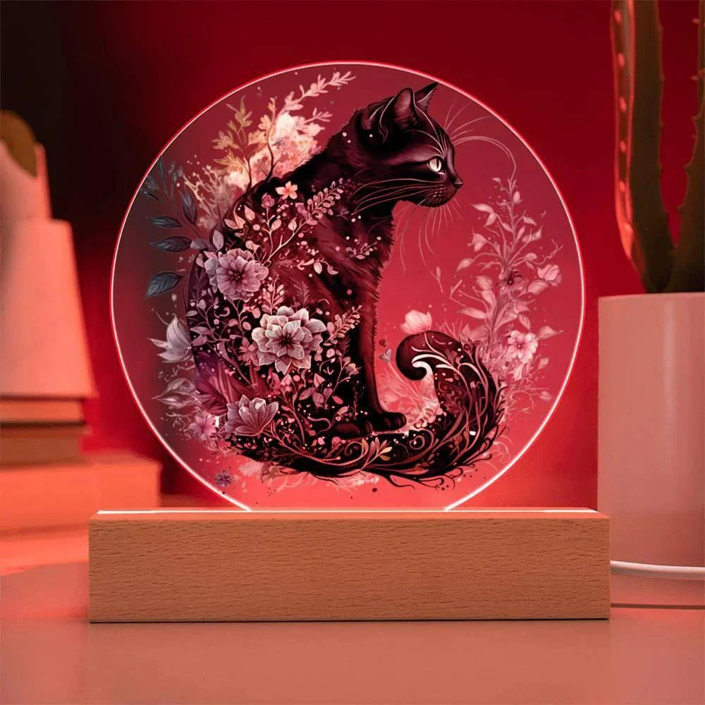 Hallow's Eve Feline: Enchanting Acrylic Plaque Halloween Black Cat Table-top Lighted Decor