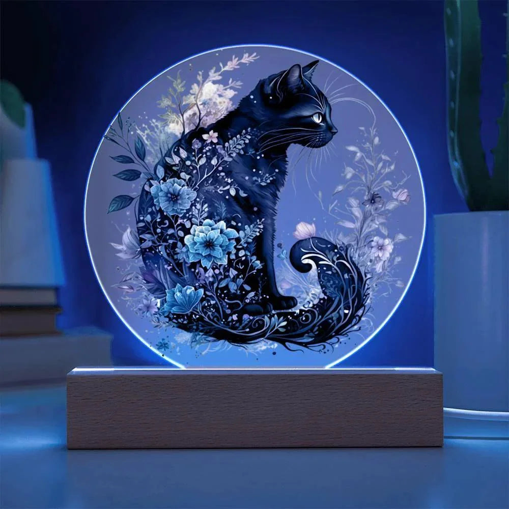 Hallow's Eve Feline: Enchanting Acrylic Plaque Halloween Black Cat Table-top Lighted Decor