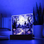 Halloween Haunt: Detailed Mansion Acrylic Plaque with LED Lighted Wooden Base