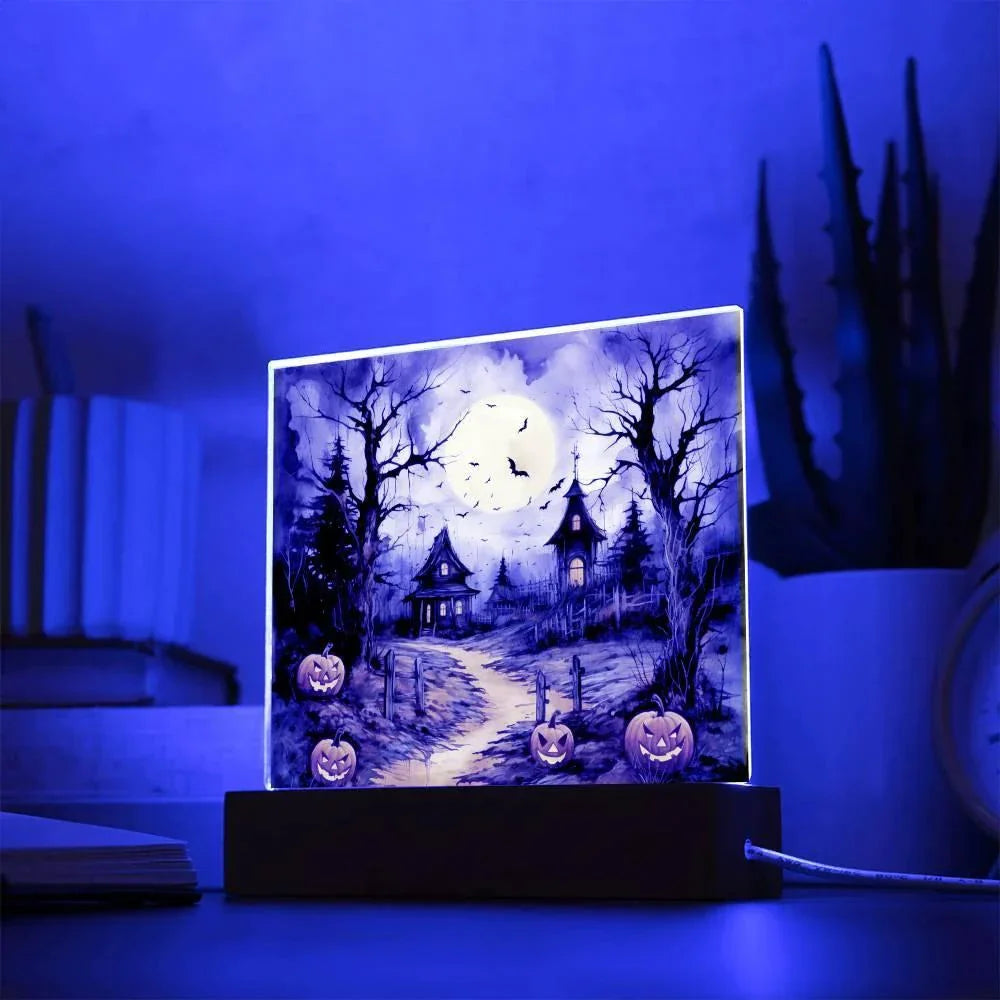 Halloween Haunt: Detailed Mansion Acrylic Plaque with LED Lighted Wooden Base