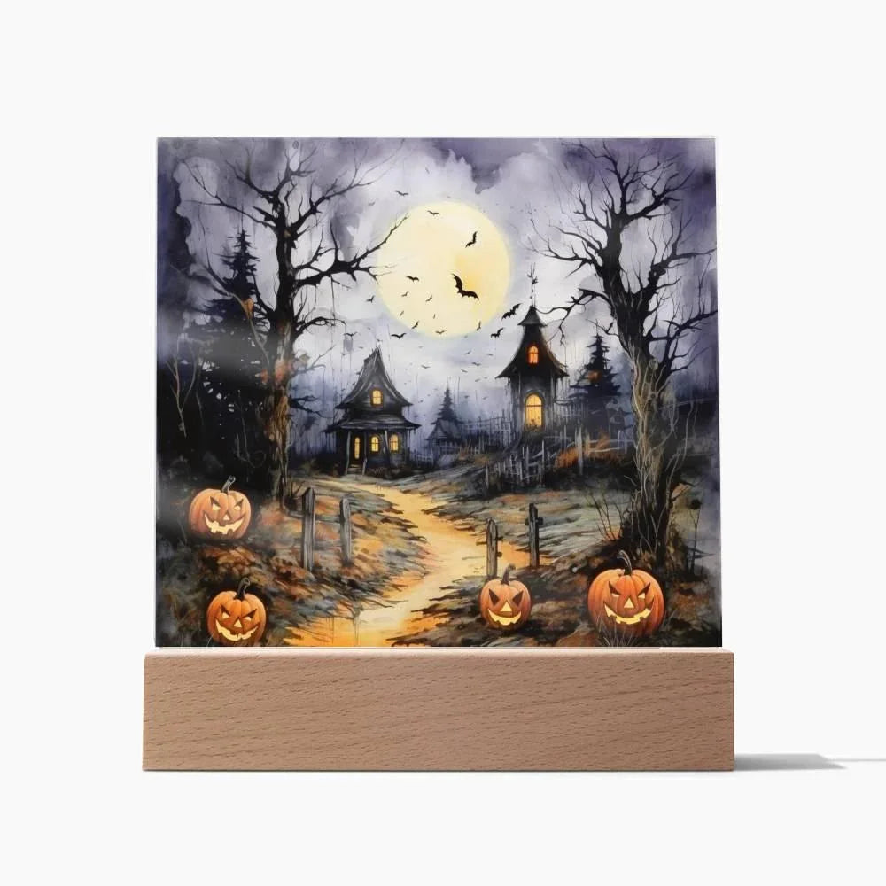 Halloween Haunt: Detailed Mansion Acrylic Plaque with LED Lighted Wooden Base