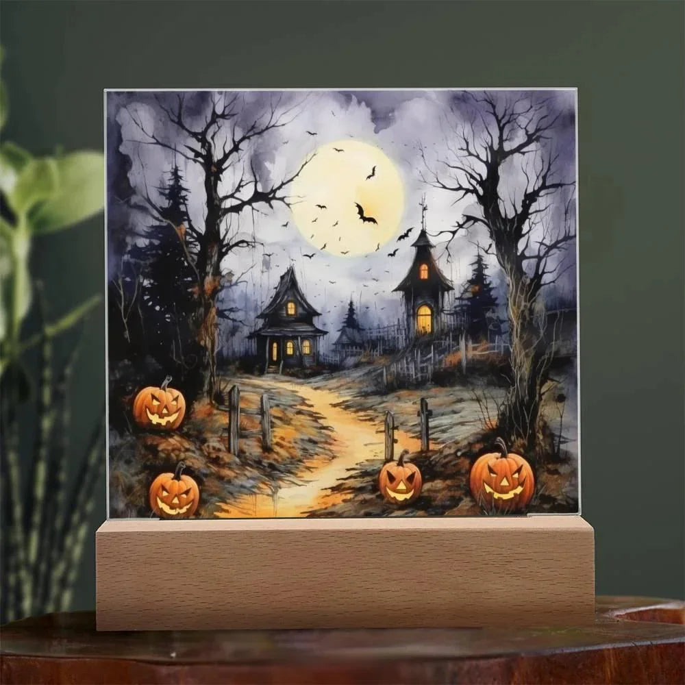 Halloween Haunt: Detailed Mansion Acrylic Plaque with LED Lighted Wooden Base