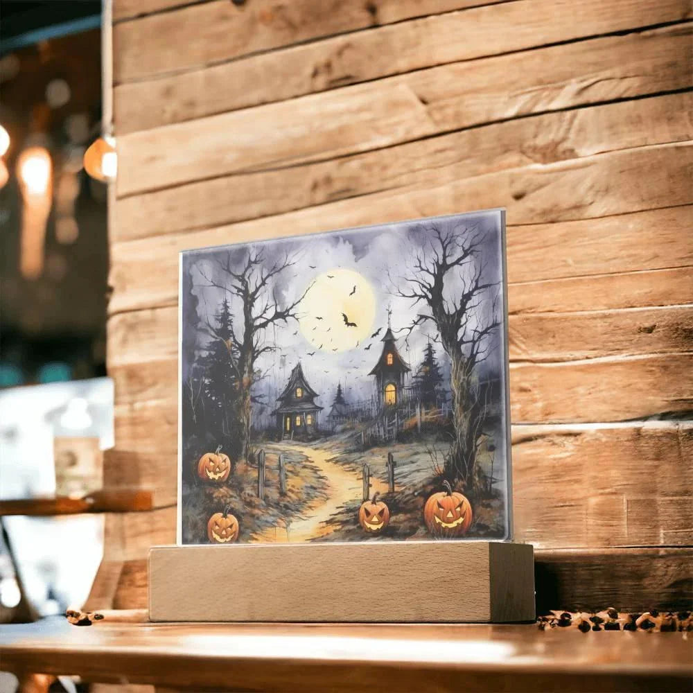 Halloween Haunt: Detailed Mansion Acrylic Plaque with LED Lighted Wooden Base