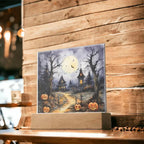 Halloween Haunt: Detailed Mansion Acrylic Plaque with LED Lighted Wooden Base