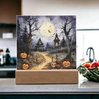 Halloween Haunt: Detailed Mansion Acrylic Plaque with LED Lighted Wooden Base