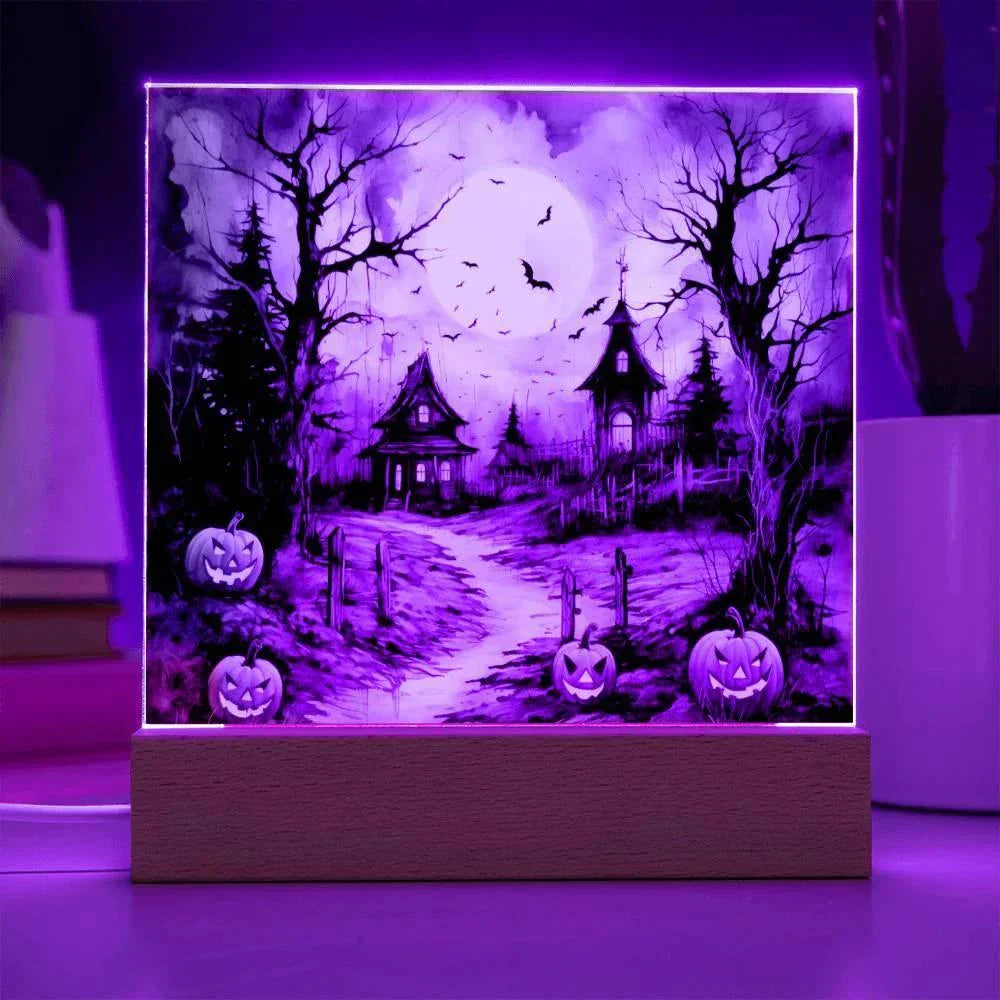 Halloween Haunt: Detailed Mansion Acrylic Plaque with LED Lighted Wooden Base