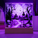 Halloween Haunt: Detailed Mansion Acrylic Plaque with LED Lighted Wooden Base