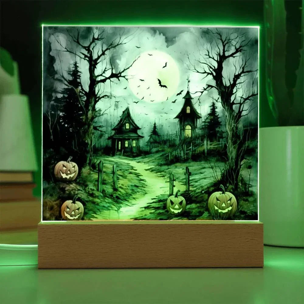 Halloween Haunt: Detailed Mansion Acrylic Plaque with LED Lighted Wooden Base