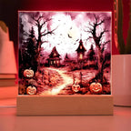 Halloween Haunt: Detailed Mansion Acrylic Plaque with LED Lighted Wooden Base
