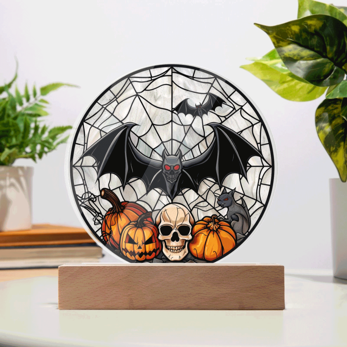 Spooky Halloween Decor Round Acrylic Plaque with Lighted LED Wooden Base - Mallard Moon Gift Shop