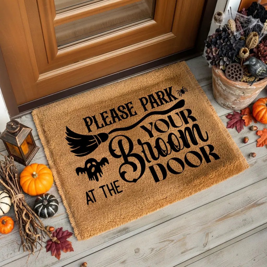 Please Park Your Broom at the Door Coir Doormat – Witchy Halloween Welcome Mat | Funny Fall Porch Decor | Rustic Farmhouse Entryway Rug