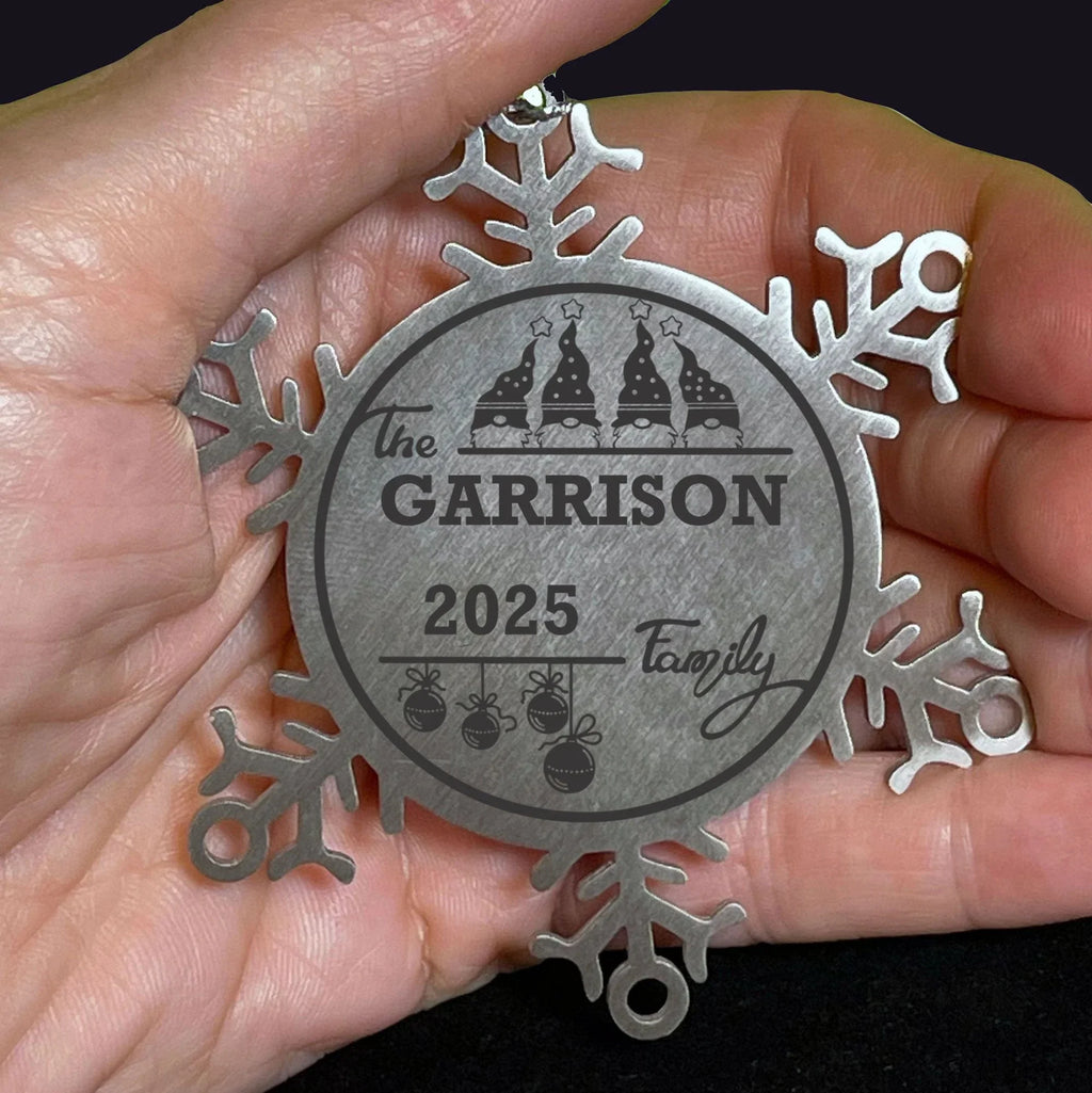 Personalized 4 Gnome Family Snowflake Ornament – Custom Stainless Steel Christmas Keepsake with Gift Bag – Engraved Names & Dates Holiday Decor for Family or Friends