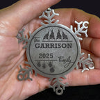 Personalized 4 Gnome Family Snowflake Ornament – Custom Stainless Steel Christmas Keepsake with Gift Bag – Engraved Names & Dates Holiday Decor for Family or Friends