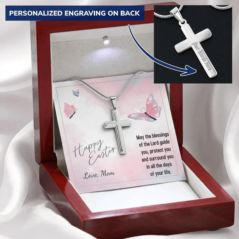 Happy Easter May the Blessings of the Lord Guide You Personalized Engraved Cross Necklace