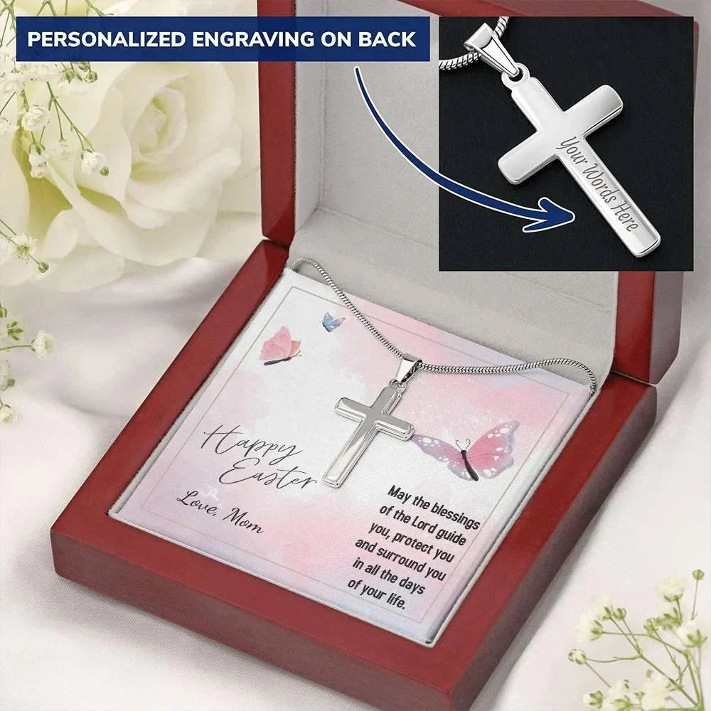 Happy Easter May the Blessings of the Lord Guide You Personalized Engraved Cross Necklace