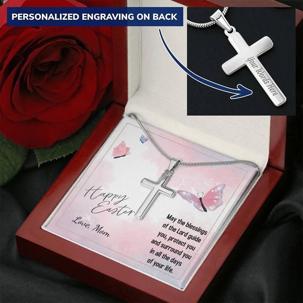 Happy Easter May the Blessings of the Lord Guide You Personalized Engraved Cross Necklace