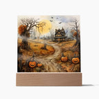 Haunted Elegance: Spooky Halloween Mansion Acrylic Square Plaque with LED Lighted Wooden Base