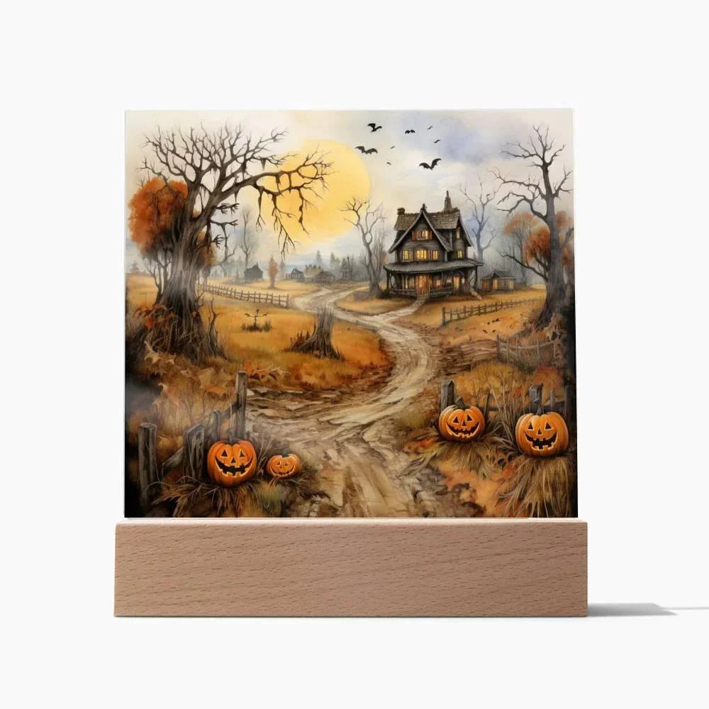 Haunted Elegance: Spooky Halloween Mansion Acrylic Square Plaque with LED Lighted Wooden Base